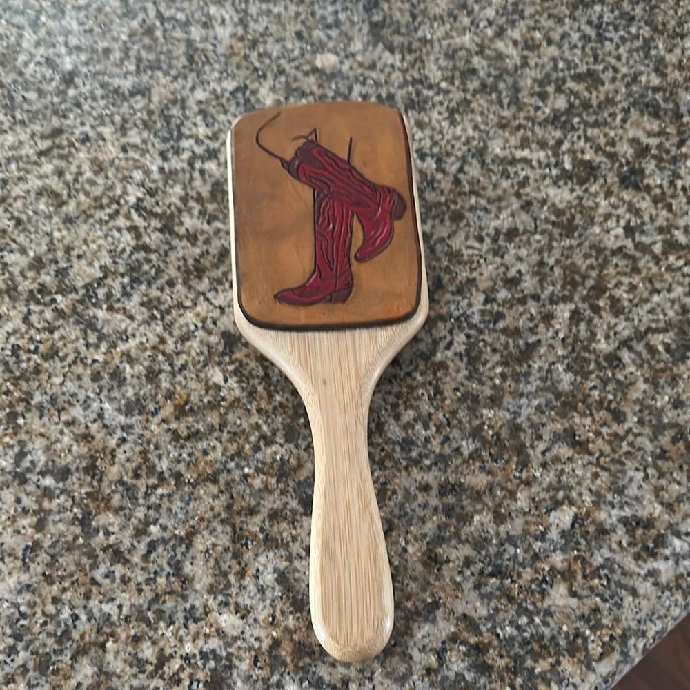 Wooden Hairbrush with Red Cowboy Boot Design